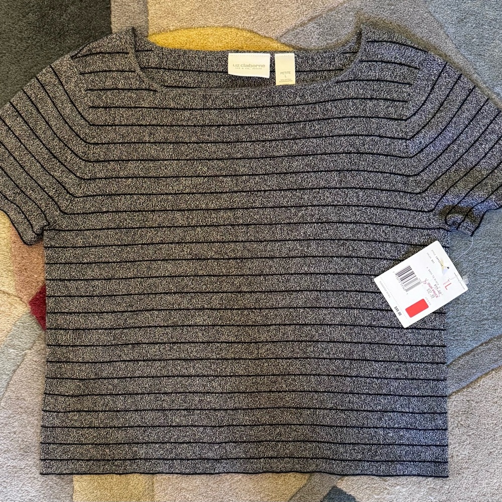 Liz Claiborne Petite L Striped Knit Top NWT Black Gray Short Sleeve Shirt